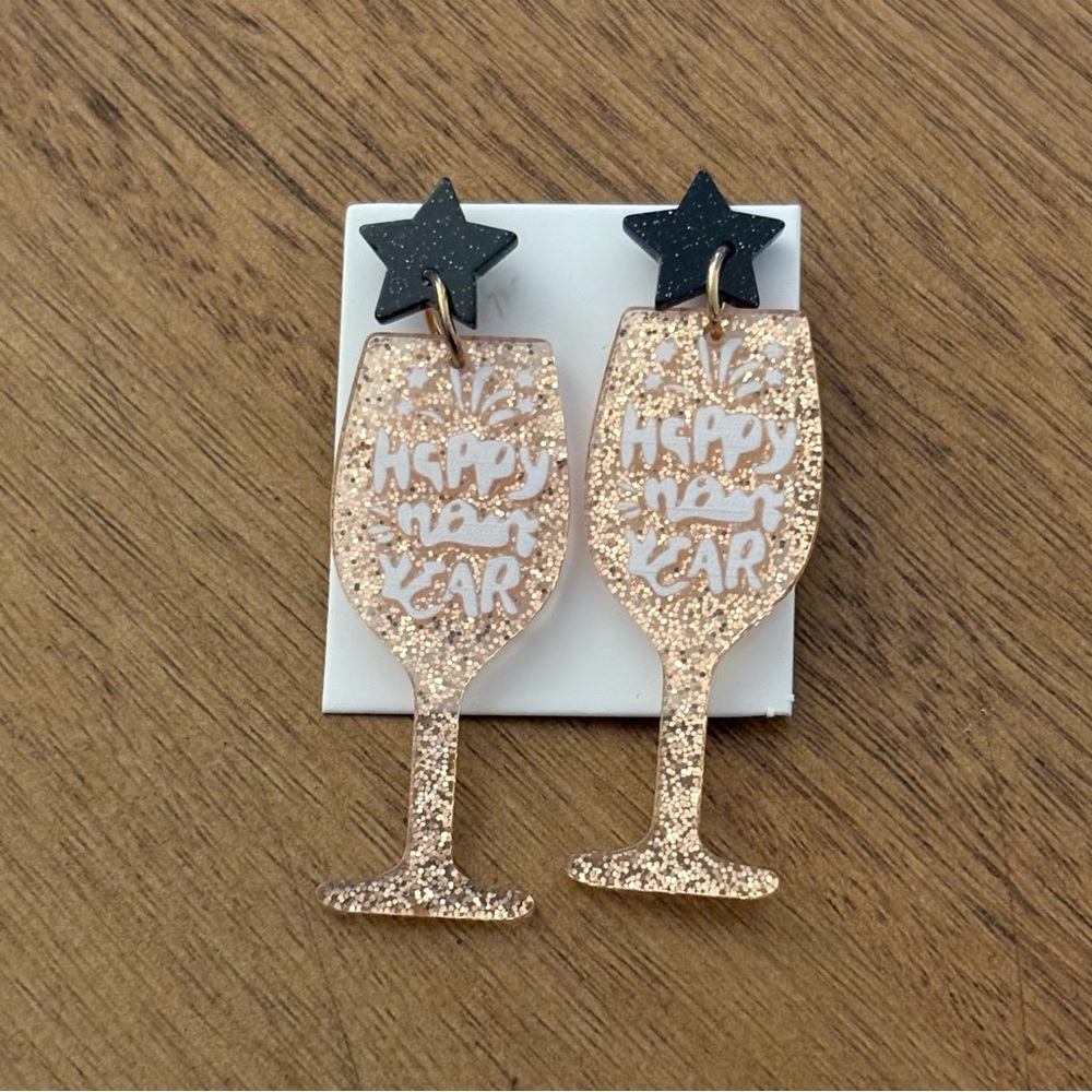 Happy New Year Gold Glitter Champagne Glass Earrings